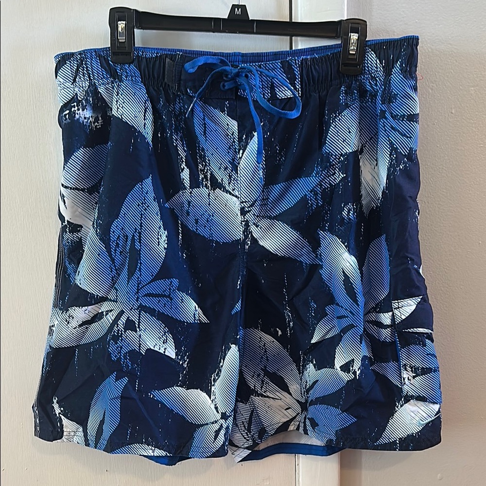 Blue and White Leaf Print Nike Swim Shorts